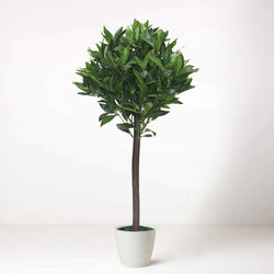 Artificial Bay Topiary Ball Tree in White Pot with Real Wood Trunk 90cm Home